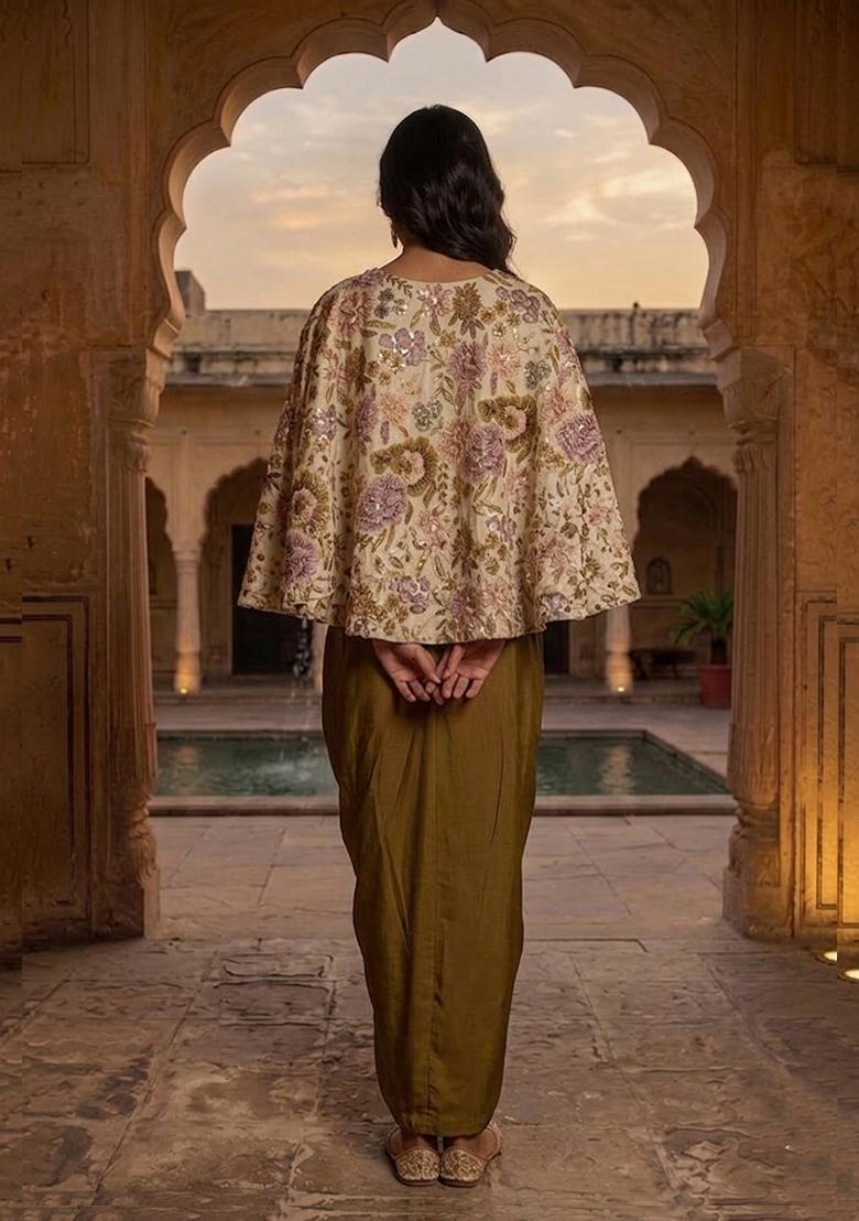 Olive Green Printed Chinon Fusion Set - Indya