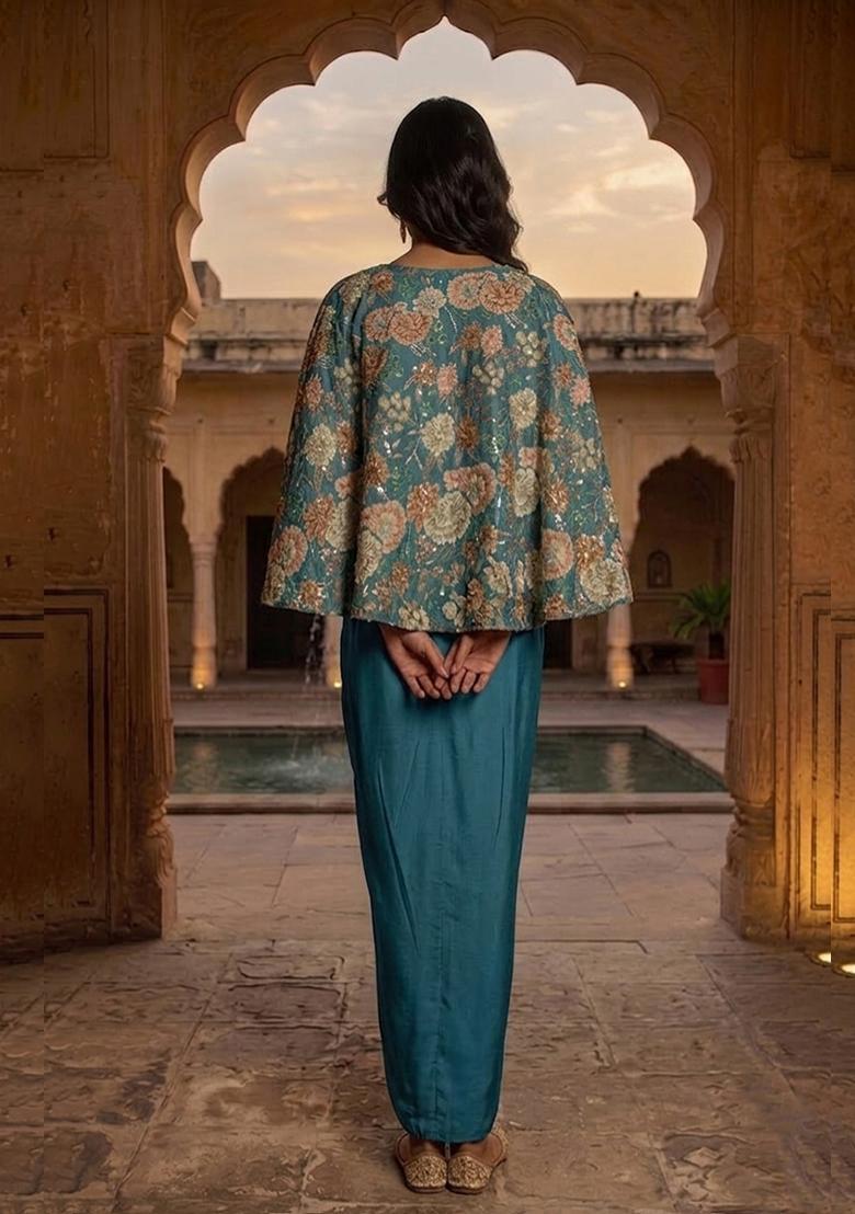 Blue Printed Chinon Fusion Set - Indya