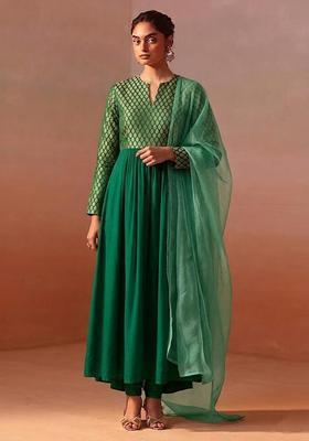 Emerald Green Brocade Anarkali Set