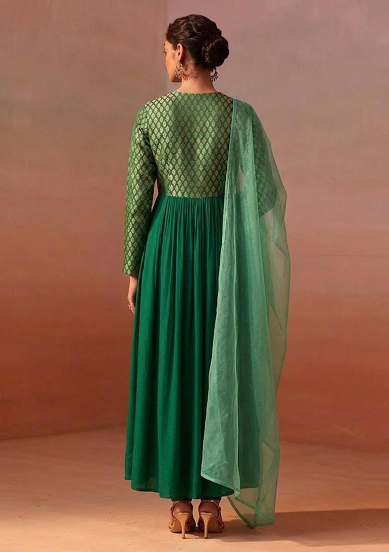 Emerald Green Brocade Anarkali Set - Indya