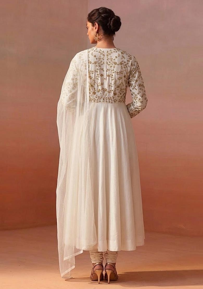 Off White Embroidered Crepe Anarkali Set - Indya