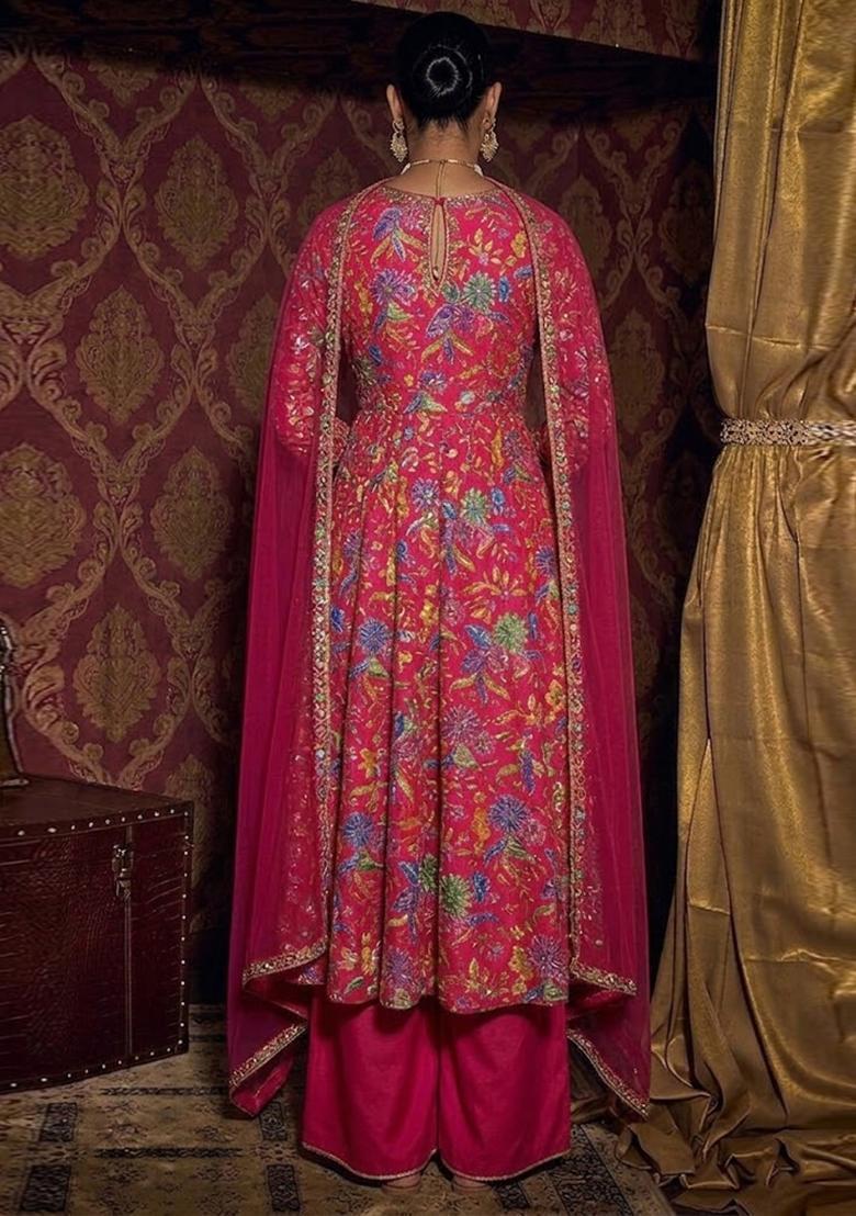 Hot Pink Printed Crepe Kurta Set - Indya
