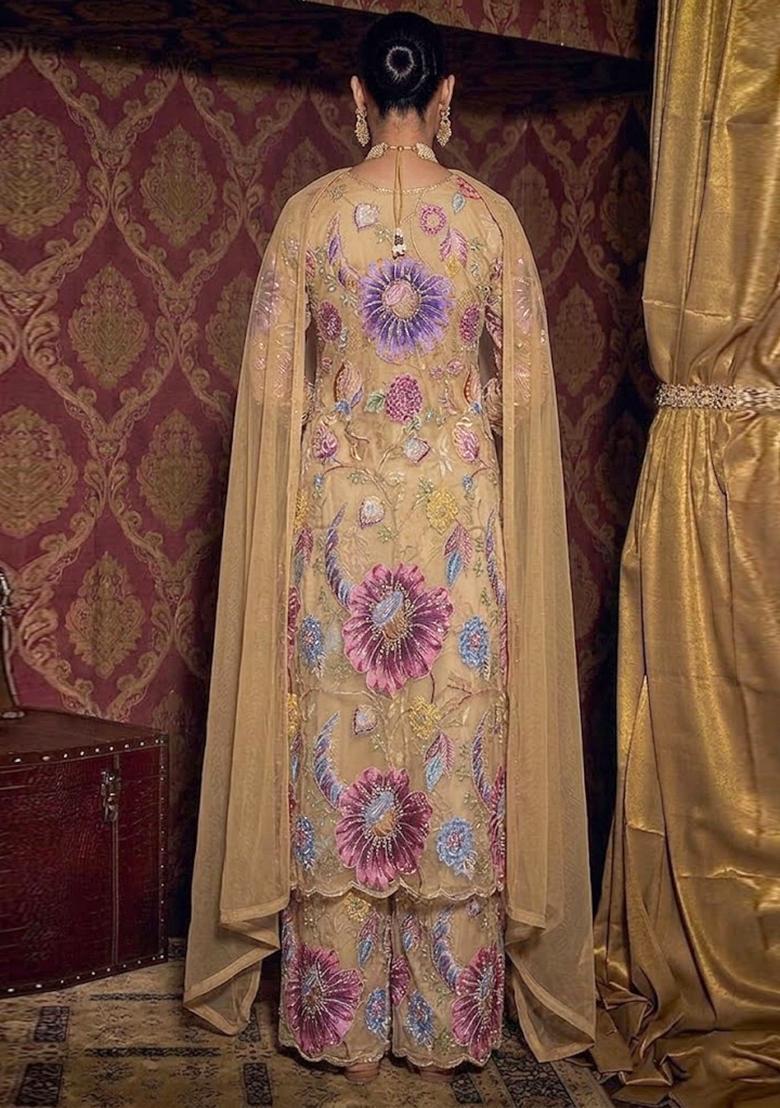 Beige Printed Organza Kurta Set - Indya