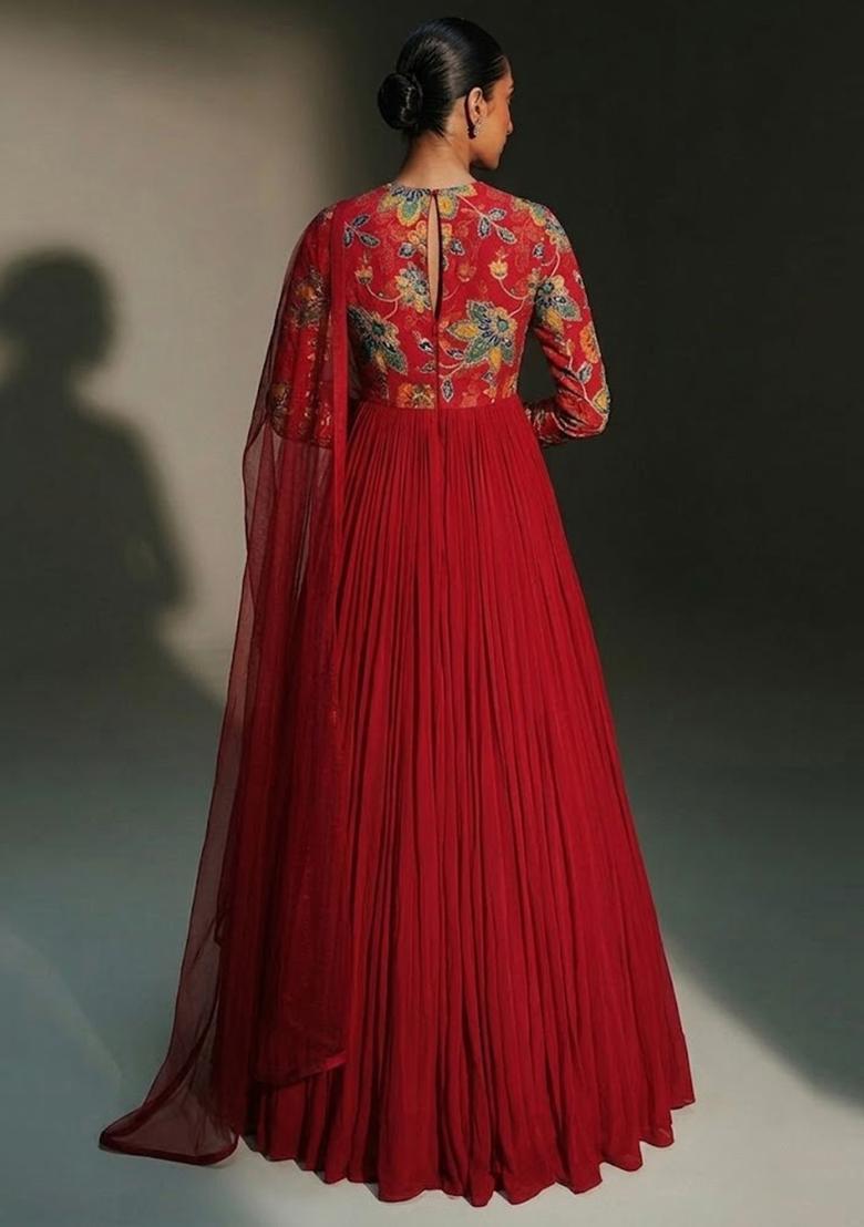 Crimson Red Printed Organza Anarkali with Dupatta - Indya