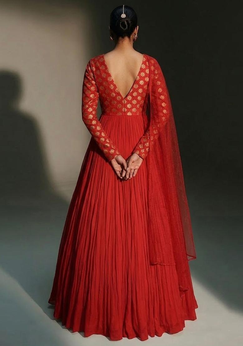 Crimson Red Zari Satin Anarkali with Dupatta - Indya