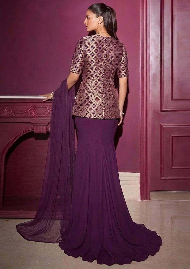 Plum Purple Zari Silk Blend Fusion Set - Indya