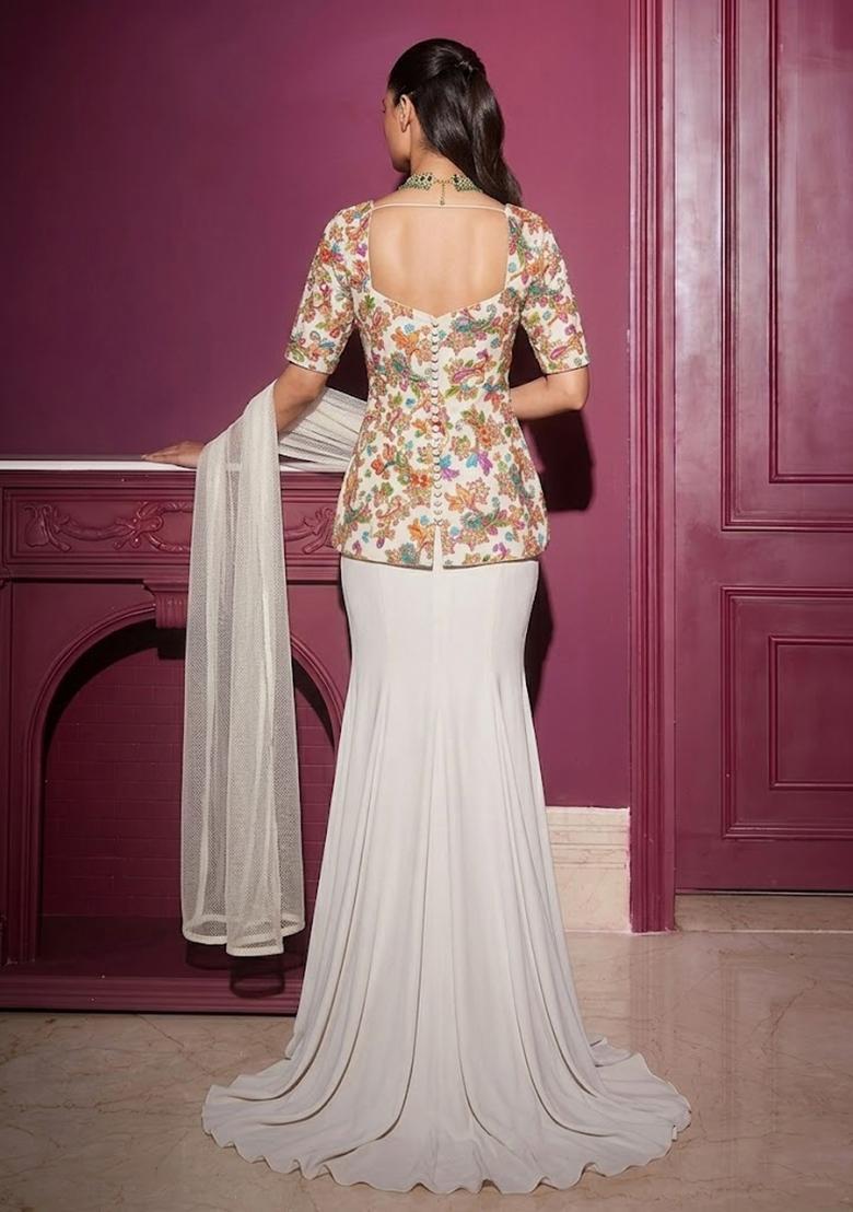 Pearl White Printed Crepe Fusion Set - Indya