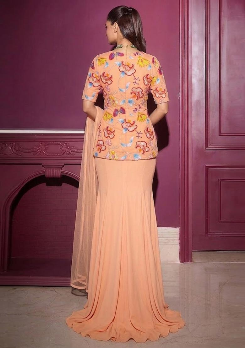 Coral Peach Printed Chinon Fusion Set - Indya