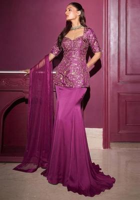 Magenta Purple Embroidered Crepe Fusion Set