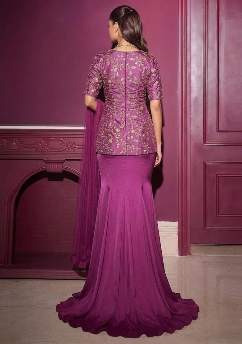 Magenta Purple Embroidered Crepe Fusion Set - Indya