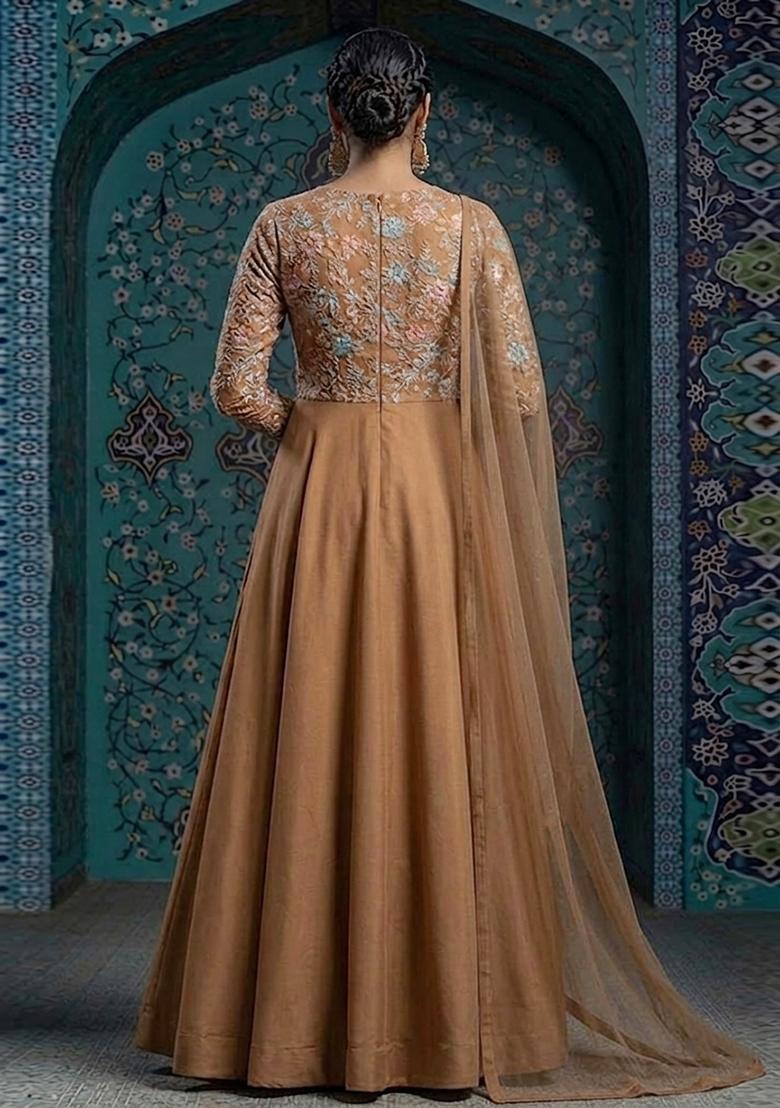 Brown Sequin Crepe Anarkali With Dupatta - Indya