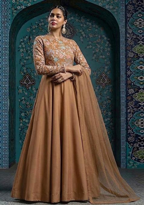 Brown Sequin Crepe Anarkali With Dupatta