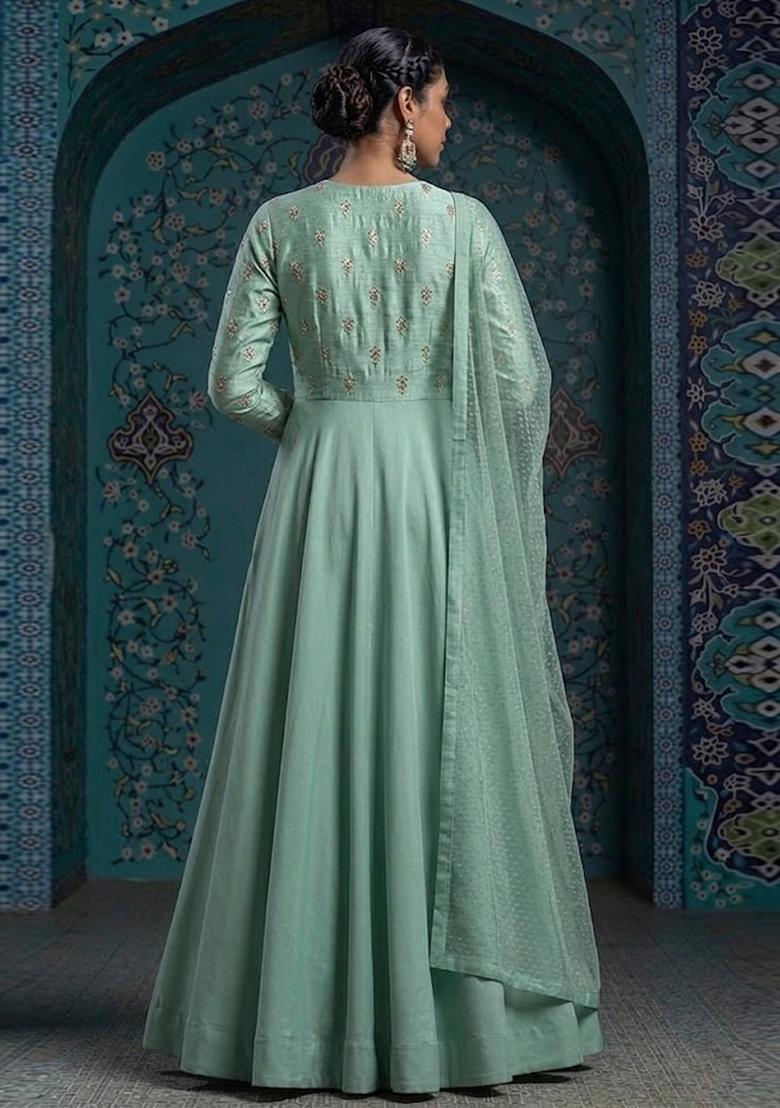 Green Embroidered Silk Blend Anarkali With Dupatta - Indya