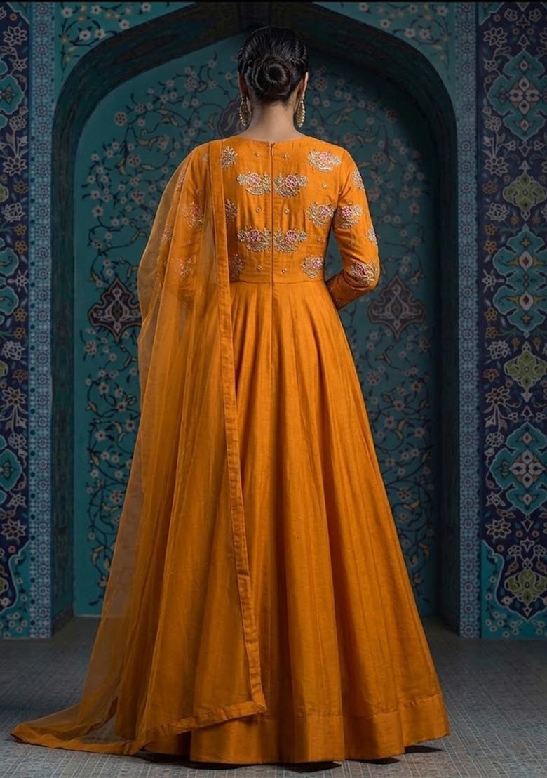 Yellow Embroidered Chanderi Anarkali With Dupatta - Indya