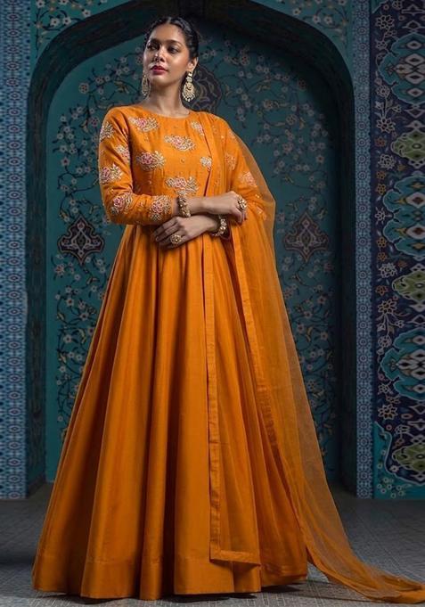 Yellow Embroidered Chanderi Anarkali With Dupatta