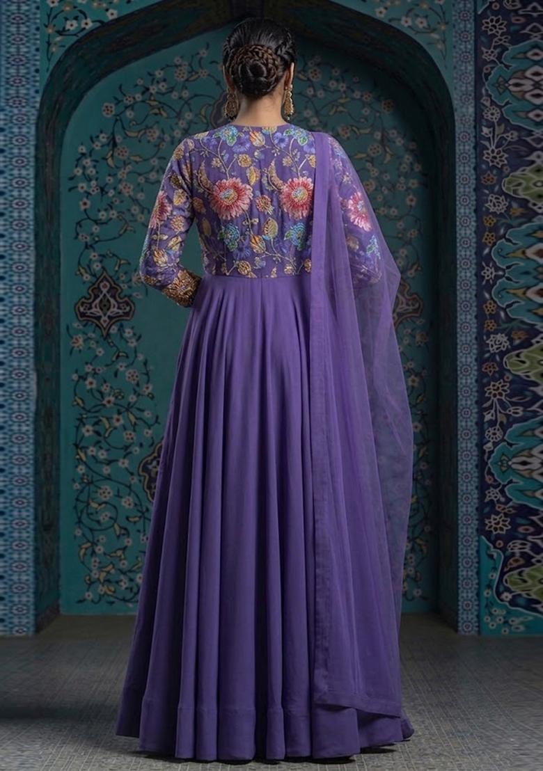 Purple Printed Organza Anarkali With Dupatta - Indya