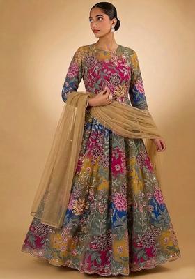 Multicolor Printed Crepe Anarkali With Dupatta