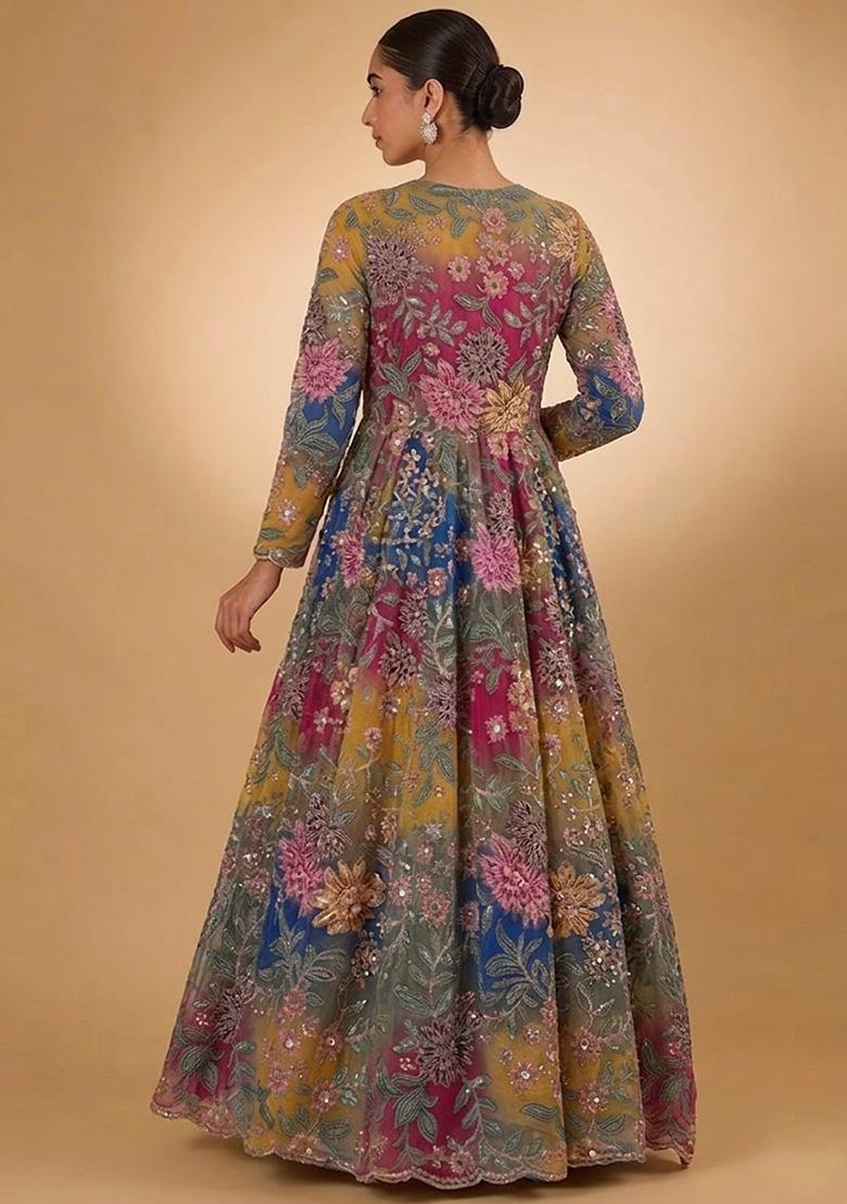 Multicolor Printed Crepe Anarkali With Dupatta - Indya