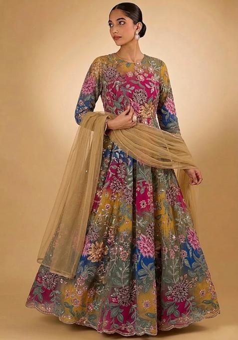 Multicolor Printed Crepe Anarkali With Dupatta