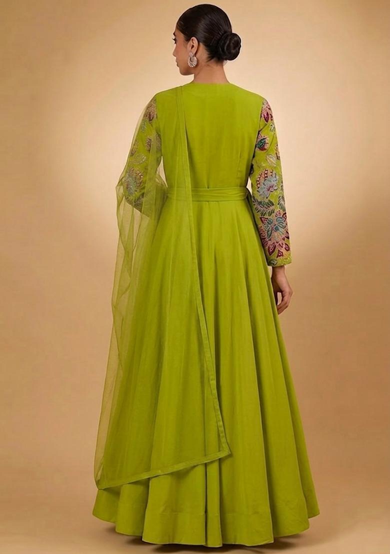 Green Printed Organza Anarkali With Dupatta - Indya