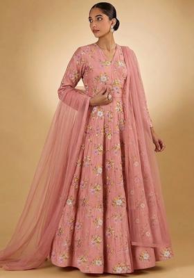 Pink Embroidered Chanderi Anarkali With Dupatta