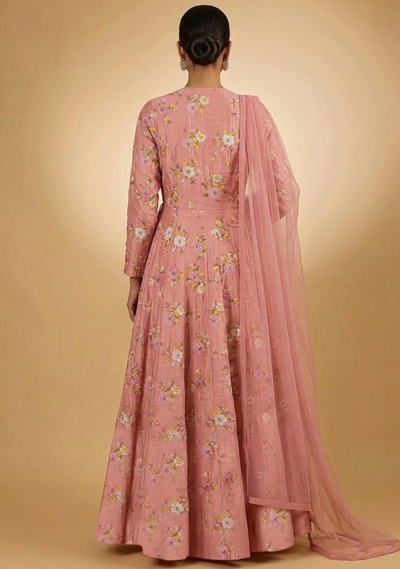 Pink Embroidered Chanderi Anarkali With Dupatta - Indya