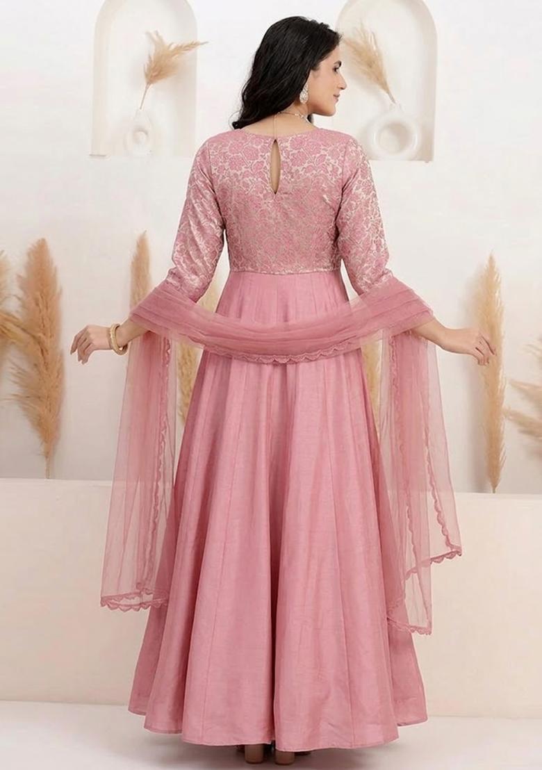 Pink Self Design Silk Blend Anarkali With Dupatta - Indya