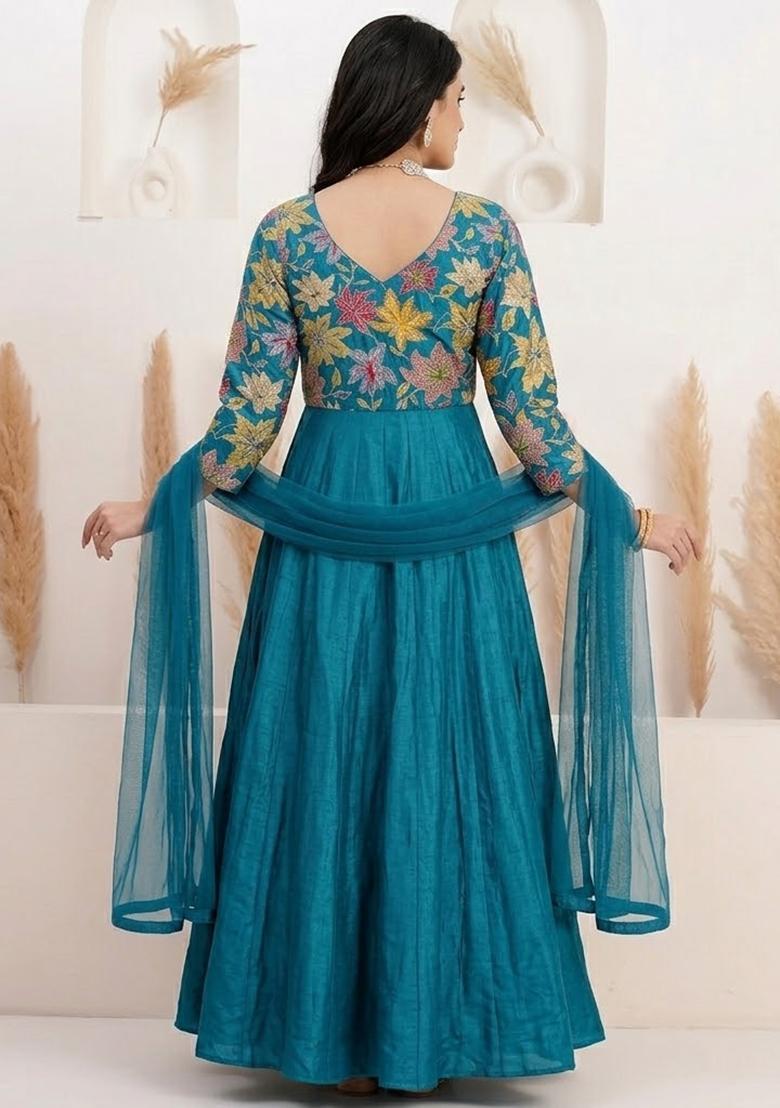 Blue Printed Crepe Anarkali With Dupatta - Indya