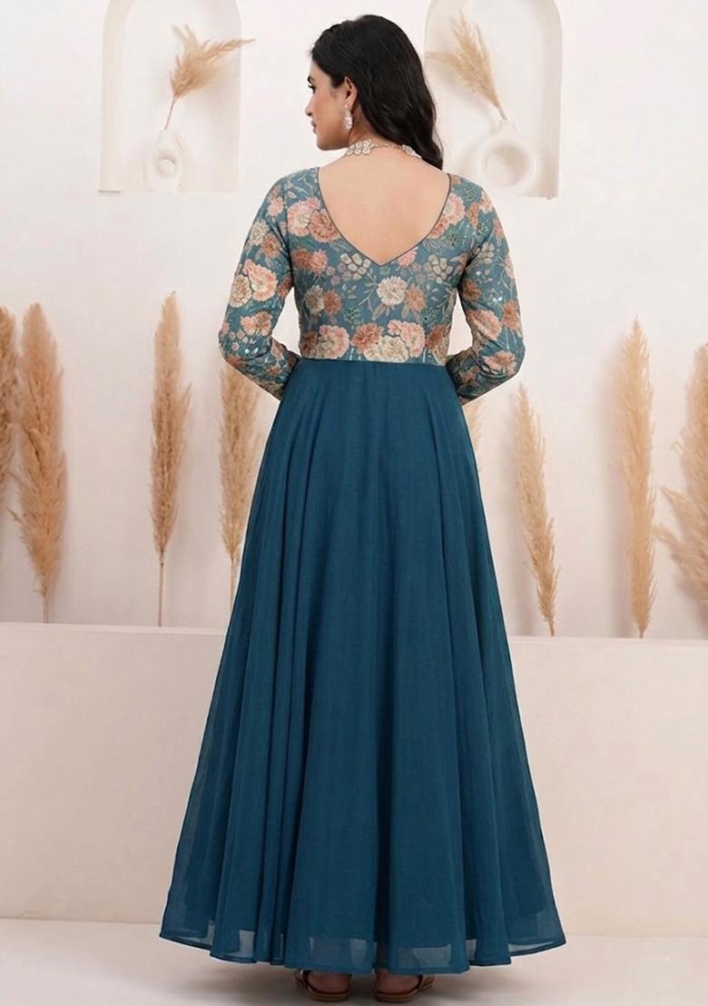 Blue Printed Chinon Anarkali With Dupatta - Indya