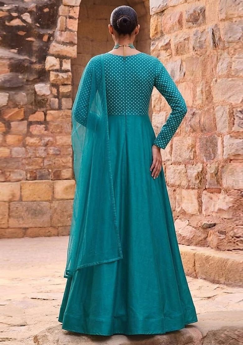 Green Printed Crepe Anarkali With Dupatta - Indya