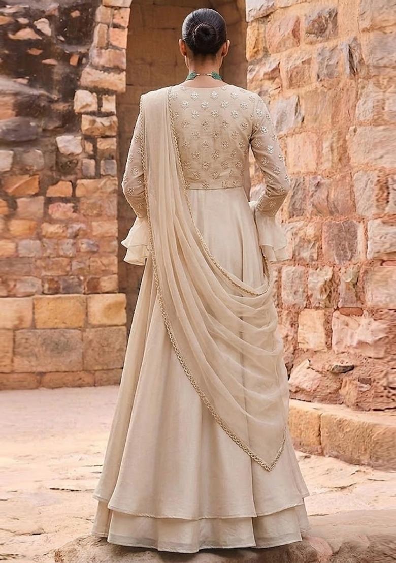 Beige Embroidered Chanderi Pre Draped Saree Set - Indya