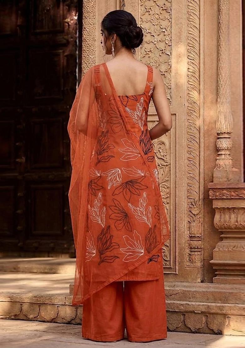Orange Embroidered Chanderi Kurta Set - Indya