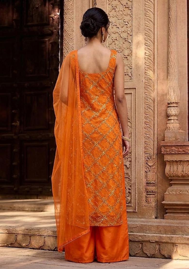 Orange Embroidered Net Kurta Set - Indya
