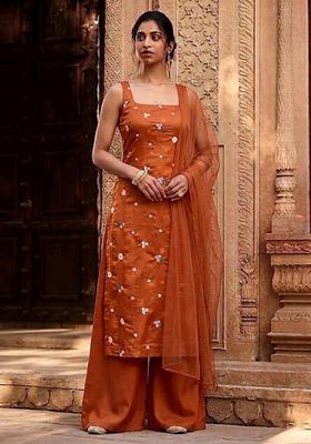 Orange Embroidered Chanderi Kurta Set