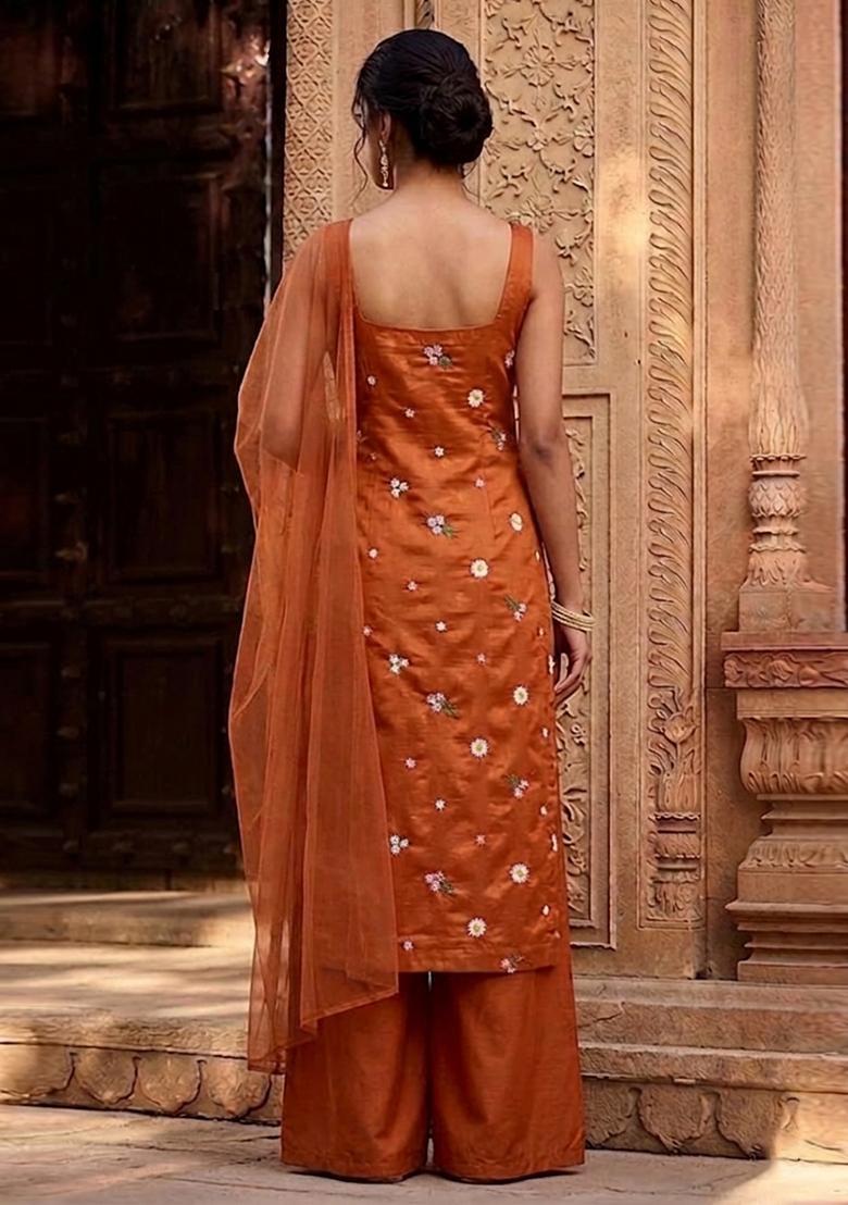 Orange Embroidered Chanderi Kurta Set - Indya