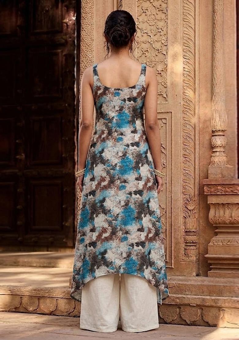 Multicolor Printed Crepe Kurta Set - Indya