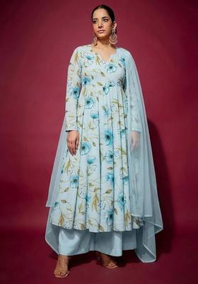 Blue Printed Crepe Anarkali Set