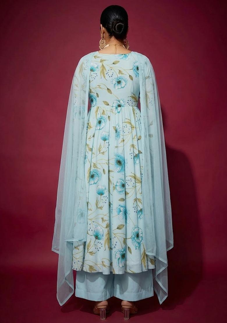 Blue Printed Crepe Anarkali Set - Indya