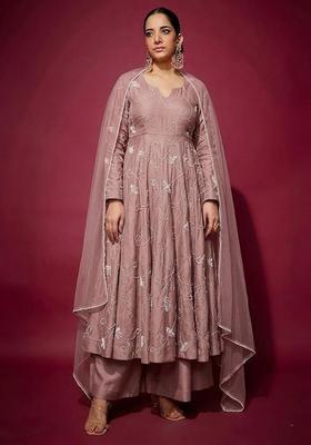 Pink Embroidered Chanderi Anarkali Set