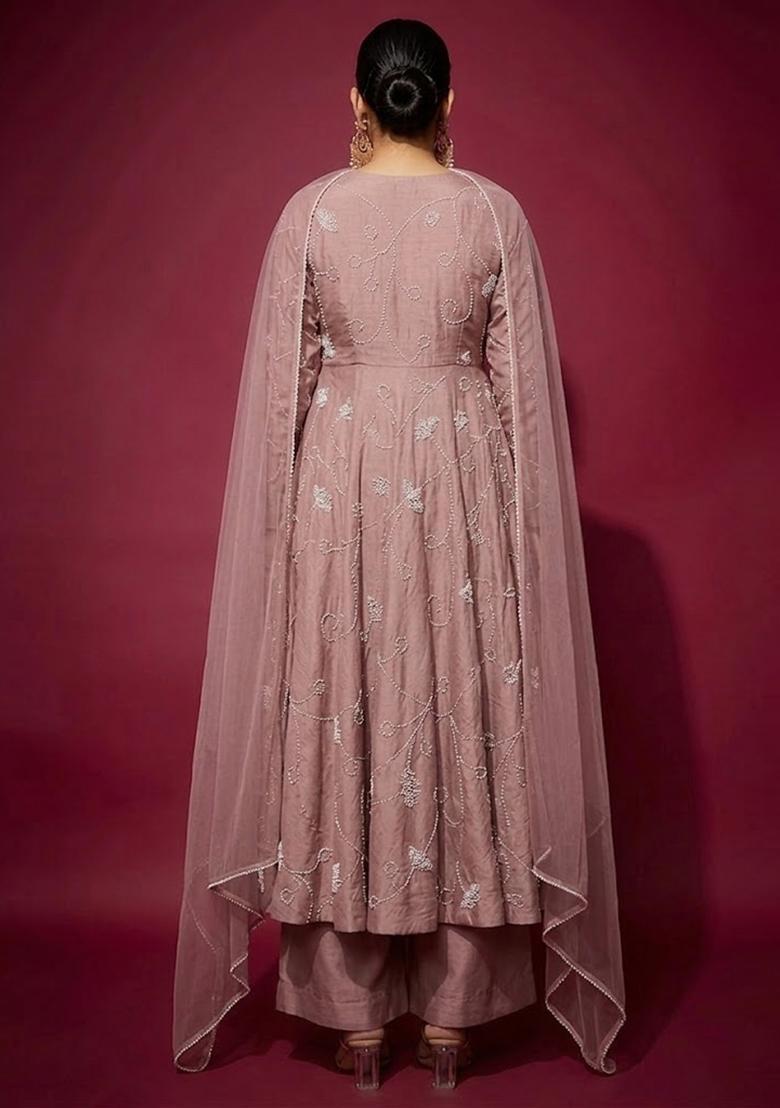 Pink Embroidered Chanderi Anarkali Set - Indya
