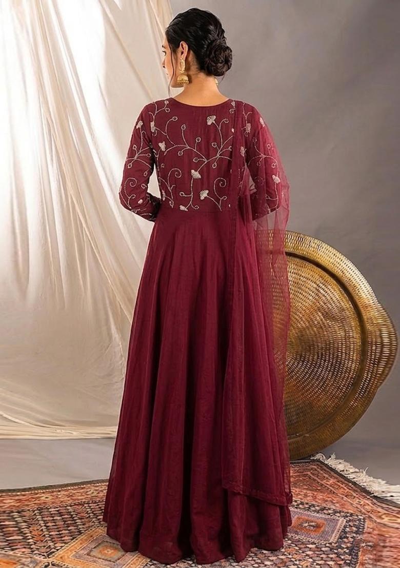 Red Embroidered Chanderi Anarkali With Dupatta - Indya