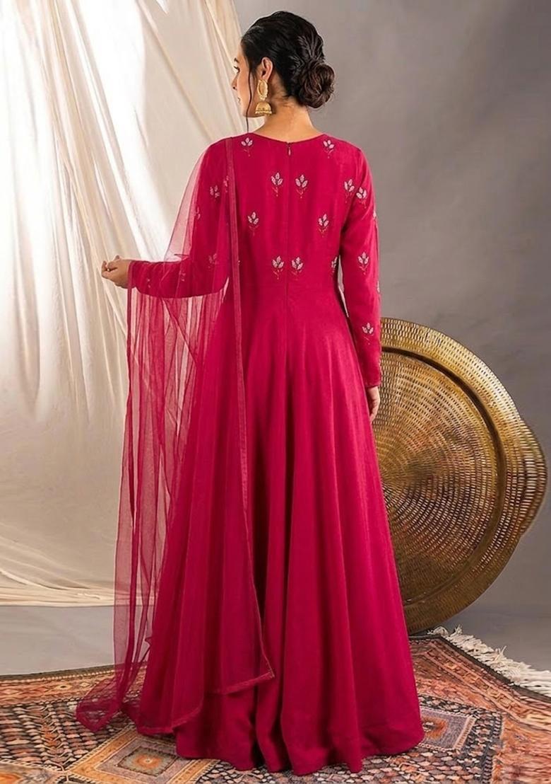 Pink Embroidered Chanderi Anarkali With Dupatta - Indya