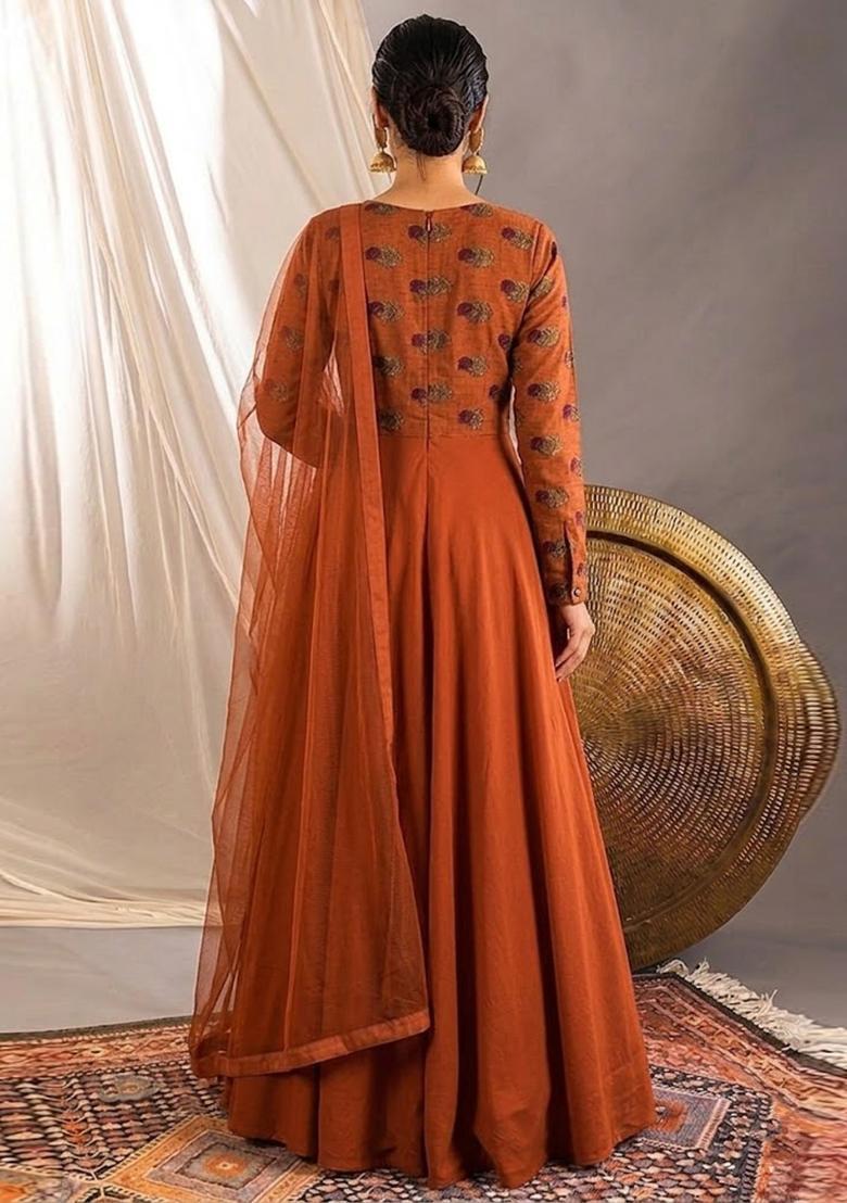Orange Printed Satin Anarkali With Dupatta - Indya