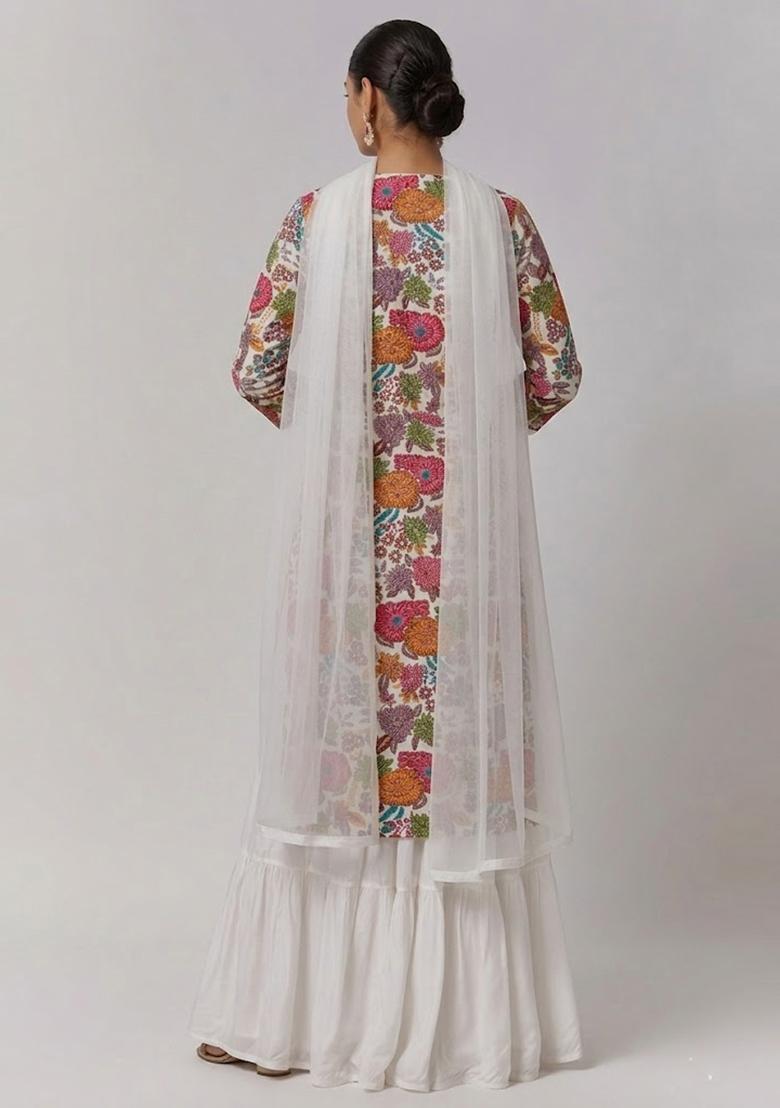 White Printed Crepe Sharara Set - Indya
