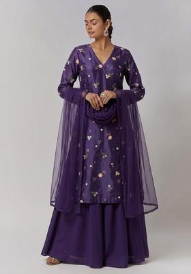 Purple Embroidered Chanderi Sharara Set