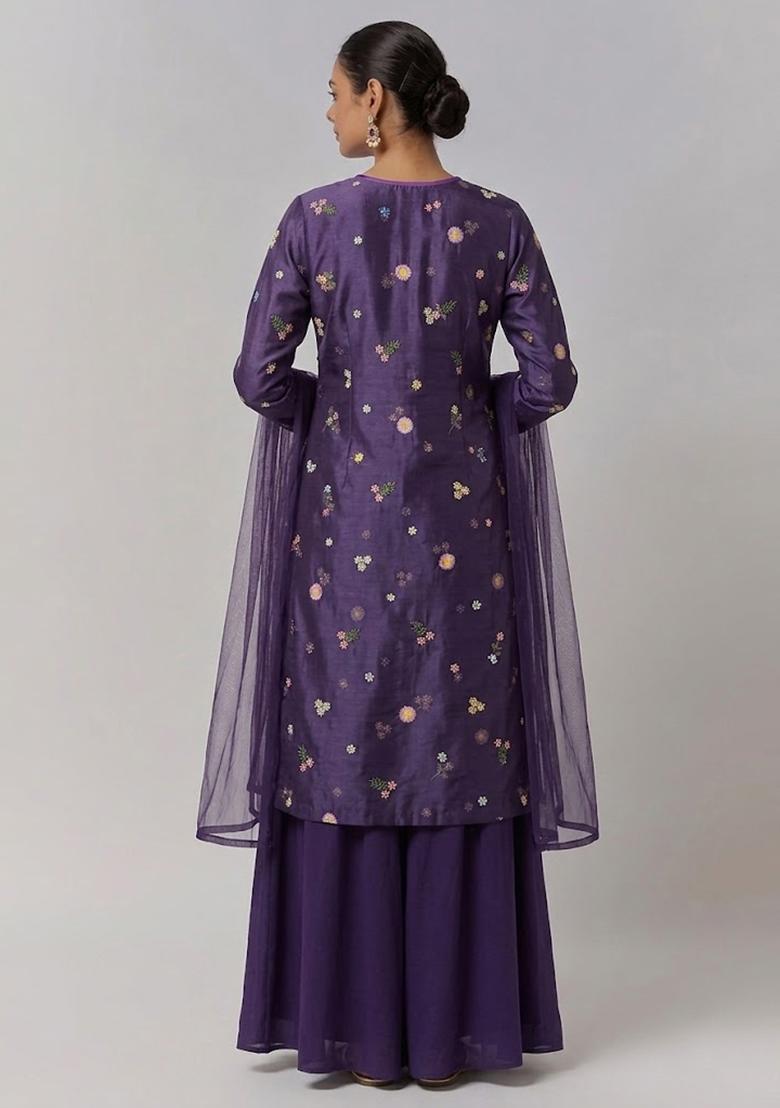 Purple Embroidered Chanderi Sharara Set - Indya
