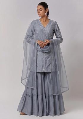 Grey Embroidered Chanderi Sharara Set