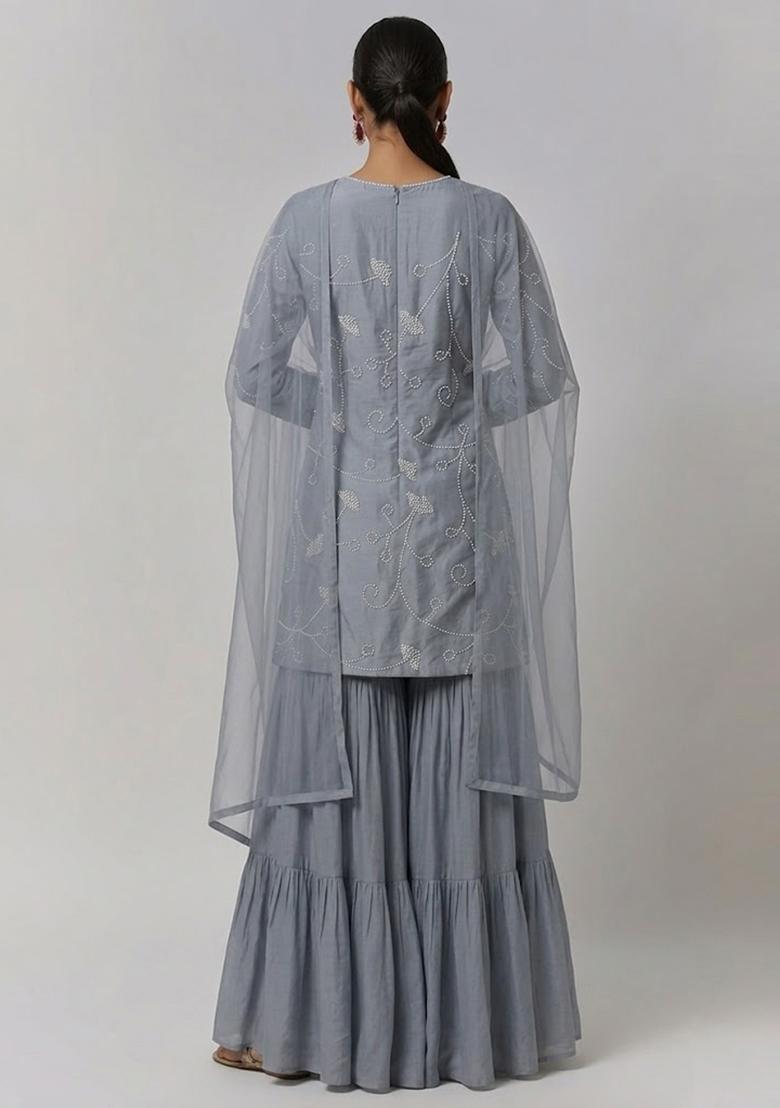 Grey Embroidered Chanderi Sharara Set - Indya