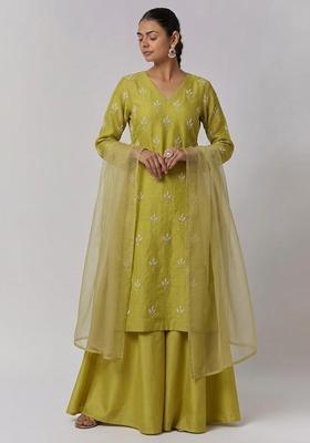 Green Embroidered Chanderi Sharara Set