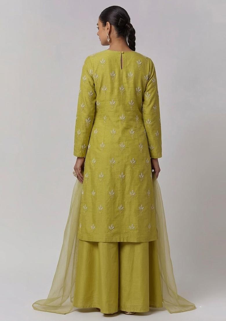 Green Embroidered Chanderi Sharara Set - Indya